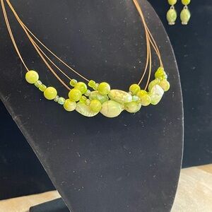 Green Multi-Strand Beaded Necklace and Earring Set